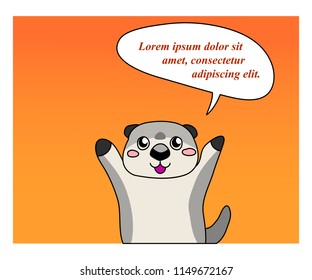Vector illustration, happy speaking otter with raised hands, with the speech bubble and lorem ipsum text. Hand drawn comics style. Can be used for advertisement banners, stickers.