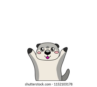 Vector illustration, happy speaking otter character with raised up hands. Hand drawn comics style. Can be used for advertisement banners, stickers.