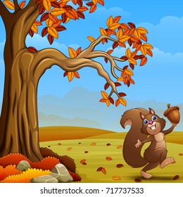 Vector illustration of Happy squirrel holding an acorn in the autumn forest