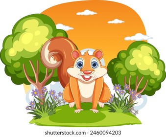 Vector illustration of a happy squirrel outdoors