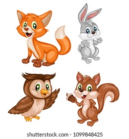Vector Illustration of a Happy Squirrel, Owl, Fox and Rabbit. Cute Cartoon Forest Animals Isolated on a White Background. Happy Animals Set