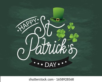 Vector illustration of Happy St. Patrick’s Day logotype. Hand drawn celebration text with leprechaun’s hat and clovers on green chalkboard. Typography poster for Irish festival. Icon, badge design