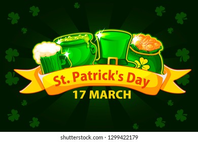 Vector Illustration For Happy St. Patrick Day. Cartoon ribbon, beer glass, money bag and pot with magic potion. Greeting card, poster, banner. Objects on a separate layer