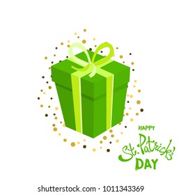 Vector Illustration of a Happy St. Patrick's Day Greeting Card Design with a Green Gift Box and Heart Confetti