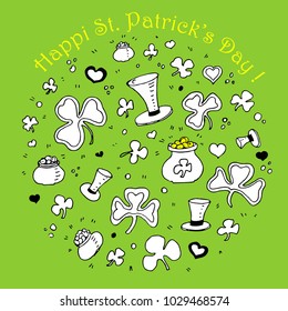Vector illustration. Happy St. Patrick's Day. Pot of gold, hats, clover, trefoil on a green background with a congratulatory text. The illustration can be used for prints, banners, postcards.