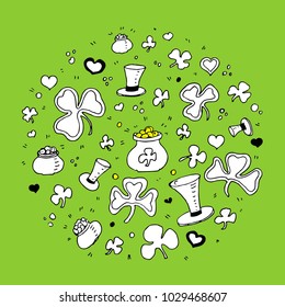 Vector illustration. Happy St. Patrick's Day. Pot of gold, hats, clover, trefoil on a green background. The illustration can be used for prints, banners, postcards.