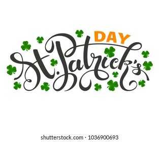 Vector illustration of a happy St. Patrick's day logo. Hand sketched Irish celebration design. Beer festival lettering typography icon.Hand drawn typography icon with shamrocks