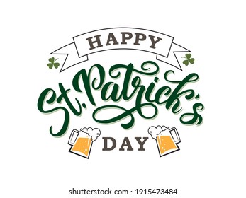 Vector illustration of the "Happy St. Patrick's Day" logo with a clover shamrock pattern on a white background. Hand-sketched Irish holiday design. Beer festival lettering typography icon.