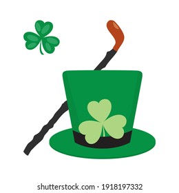 Vector illustration Happy St. Patrick's Day Ireland Shamrock Clover leaf Shillelagh walking stick Hat Irish Holiday Party Festive Celtic culture Lucky March Design for print