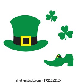 Vector illustration Happy St. Patrick's Day Ireland Shamrock Clover leaf Hat Leprechaun's shoe Irish Holiday Party Festive Celtic culture Lucky March Design for print