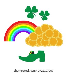 Vector illustration Happy St. Patrick's Day Ireland Shamrock Clover leaf Leprechaun's shoe Gold coin Rainbow Irish Holiday Party Celtic culture Lucky March Festive Design for print