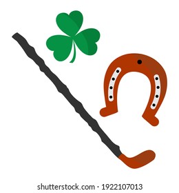 Vector illustration Happy St. Patrick's Day Ireland Shamrock Clover leaf Shillelagh walking stick Horseshoe Irish Holiday Party Festive Celtic culture Lucky March Design for print