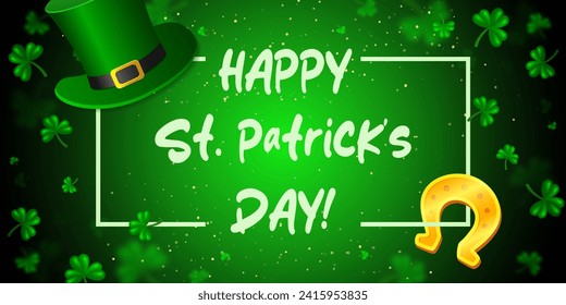 Vector illustration Happy St Patricks day card background with green clovers, horseshoe and Leprechaun Top Hat for design