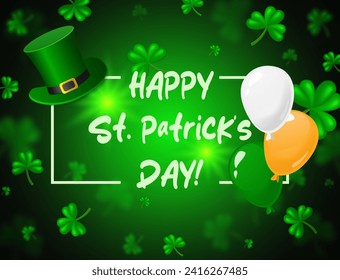 Vektorgrafik Happy-St-Patricks-Tageskartenhintergrund mit grünen Uhren, Leobobobaun-Top-Hut und Ballons für Design