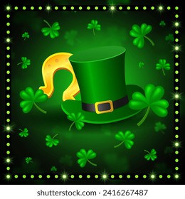 Vector illustration Happy St Patricks day background with green clovers, horseshoe and Leprechaun Top Hat for design