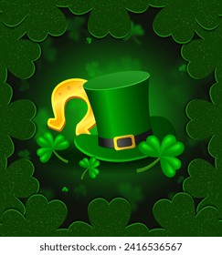 Vector illustration Happy St Patricks day background with green clovers, horseshoe and Leprechaun Top Hat for design