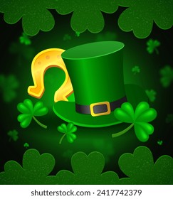 Vector illustration Happy St Patricks day background with green clovers, horseshoe and Leprechaun Top Hat for design