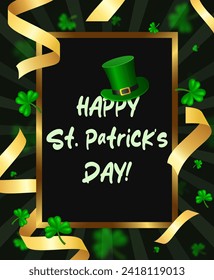 Vector illustration Happy St Patricks day card background with green clovers, golden ribbons and Leprechaun Top Hat for design