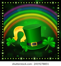 Vector illustration Happy St Patricks day background with green clovers, rainbow, horseshoe and Leprechaun Top Hat for design