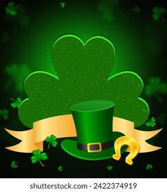 Vector illustration Happy St Patricks day background with green clovers, horseshoe, golden ribbon and Leprechaun Top Hat for design