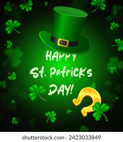 Vector illustration Happy St Patricks day background with green clovers, horseshoe and Leprechaun Top Hat for design