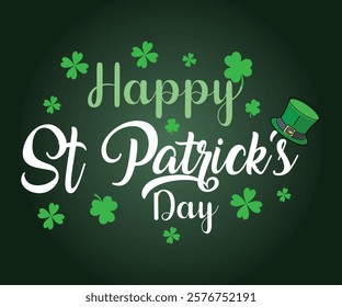 Vector illustration of the "Happy St. Patrick's Day" logo with a hat and a clover shamrock on a black background. Hand-sketched Irish holiday design. Beer festival lettering typography icon.