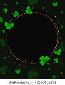 Vector illustration Happy St Patricks day card background with green clovers and round golden banner for design