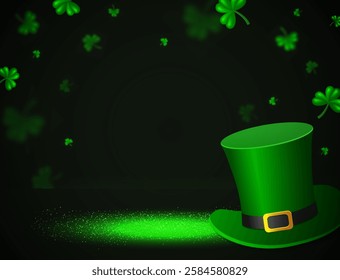 Vector illustration Happy St Patricks day card sparkle background with green clovers and Leprechaun Top Hat for design