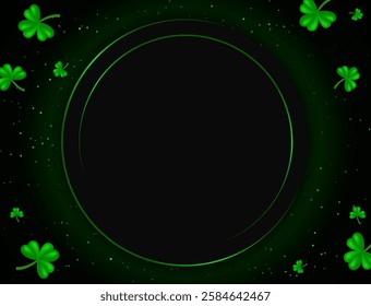 Vector illustration Happy St Patricks day card background with green clovers and round shining banner for design