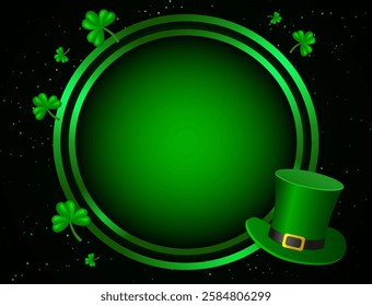 Vector illustration Happy St Patricks day card background with green clovers, Leprechaun Top Hat and round shining banner for design