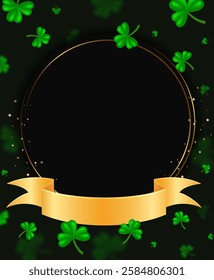 Vector illustration Happy St Patricks day card background with green clovers and golden ribbon for design