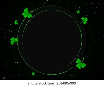 Vector illustration Happy St Patricks day card background with green clovers and round shining banner for design