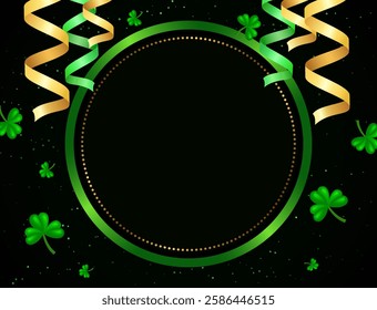 Vector illustration Happy St Patricks day card background with green clovers, ribbons and round shining banner for design