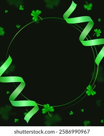 Vector illustration Happy St Patricks day card background with green clovers, ribbons and round shining banner for design