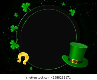 Vector illustration Happy St Patricks day card background with green clovers, horseshoe, Leprechaun Top Hat and round shining banner for design