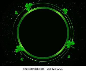 Vector illustration Happy St Patricks day card background with green clovers and round shining banner for design