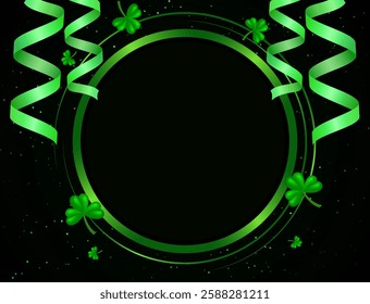 Vector illustration Happy St Patricks day card background with green clovers, ribbons and round shining banner for design