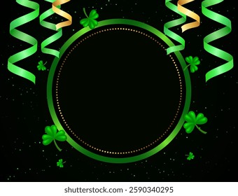 Vector illustration Happy St Patricks day card background with green clovers, ribbons and round shining banner for design