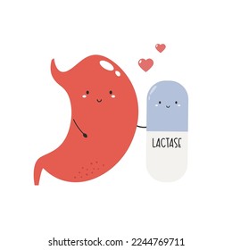 Vector illustration of happy stomack with lactase pill. Lactose intolerance concept.