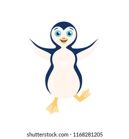 Vector illustration of happy stomping penguin with open arms isolated on the white background.