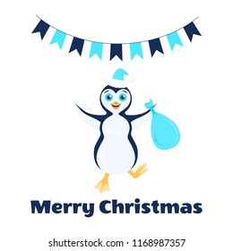 Vector illustration with happy stomping penguin in santa turquoise hat with bag in outstretched arms. Flags. Text Merry Christmas. Isolated on the white background.