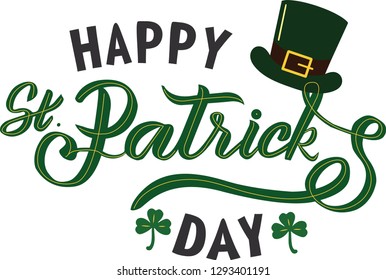 Vector illustration of Happy St.Patrick's Day logotype. Hand drawn Irish celebration design. Beer festival lettering typography icon. Drawn typography badge with green hat and shamrock - Vector