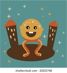 Vector illustration of happy strange monster in retro colours