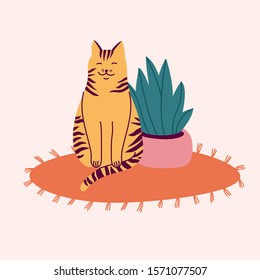 Vector illustration happy striped cat sitting on the carpet near a flower pot