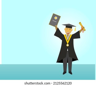 Vector illustration of a happy student after graduating from college, wearing graduation clothes and showing his certificate.