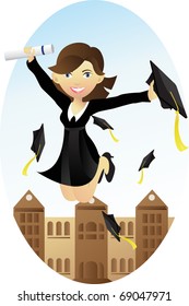 A vector illustration of a happy student celebrating her graduation