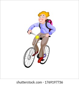 Vector illustration of happy student go to school with bike on isolated background