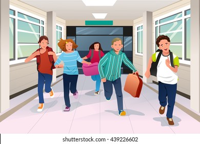 A vector illustration of happy student running in school hallway together