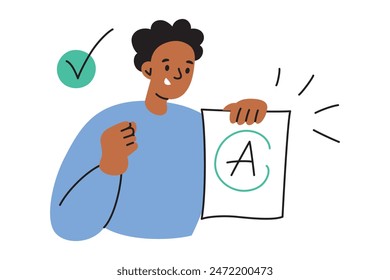 Vector illustration of a happy student with top test or exam results. Flat cartoon style. Education, study, and learning. Success and achievement in school, university, or college. Celebration and joy