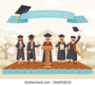 Vector illustration with happy students in face mask on the podium in front of the university. Graduating students in cartoon style for design brochures, flyers, banners and others.